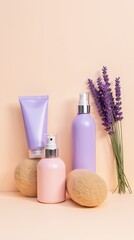 Aesthetically pleasing skincare products, lavender, and natural sponges.