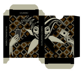 Playing card tuck box design with Joker head and hands in vintage engraving style with suits background decor. Vector illustration.