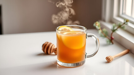 A minimalist winter scene with a steaming hot toddy in a clear mug, styled with lemon and honey on a white countertop"