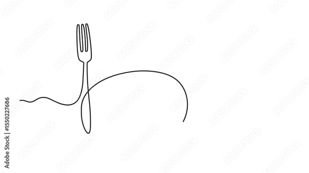 Poster animated self drawing of continuous line draw of plate, knife and fork. full length one line animati