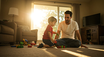 Father playing on the living room floor with his son, photo for Father's Day