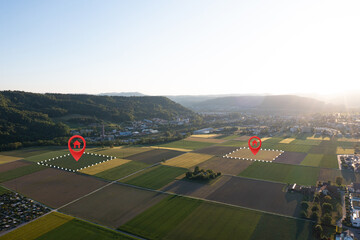 Land plot in aerial view. Gps registration survey of property, real estate for map with location,...