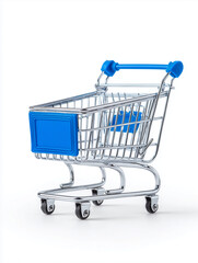 Mini metal shopping cart with blue handle and label isolated on white background
