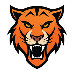 Saber toothed tiger head mascot logo with bold lines and vibrant colors on white background