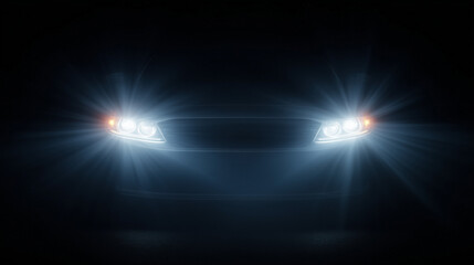Bright car spotlight beam in dark foggy background

