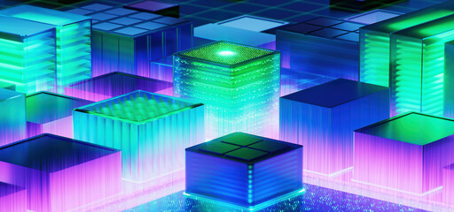 Artificial Intelligence Server Big Data storage Machine. Learning Algorithms. Cubes. Processes AI Optimization Digital Technology. 3d Illustration