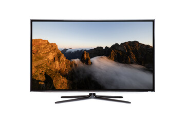 LCD television monitor isolated on white background, with sunset nature view, clipping path