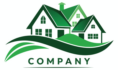 Modern green abstract logo featuring a cluster of houses on rolling hills with a company name placeholder below symbolizing real estate and development
