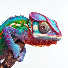 Obraz premium Beautiful image of a cute colorful chameleon isolated on white background. Exotic animals. Beautiful, cute and colorful pets