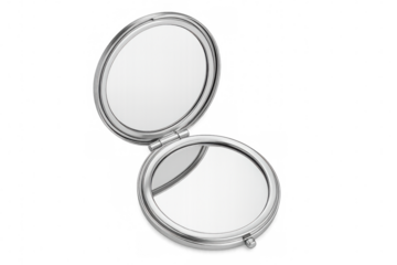 Compact round pocket mirror gleaming, reflecting light against transparent backdrop, highlighting personal grooming accessory