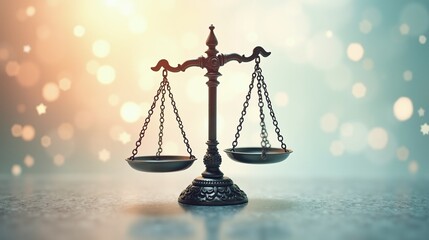 An ornate scale balances two empty pans, set against a blurred, starry backdrop.