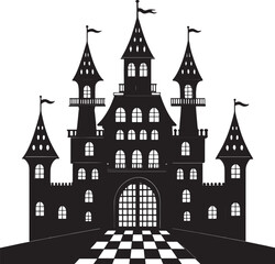 Obraz premium Gothic black castle silhouette with arched windows and checkered pathway