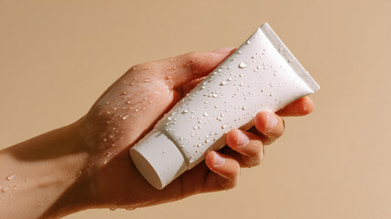 Feminine hand holding white sunscreen tube covered in water, minimalist product photography on clean background