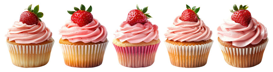 PNG Delicious strawberry frosted cupcakes, element set on transparent background
