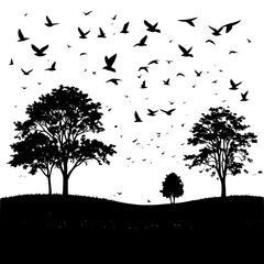 An open meadow with trees and birds flying above – rural calm landscape silhouette