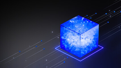 Blockchain concept. Cryptocurrency connected cube blocks. Big data Ai chain technology background. Data transmission crypto operations. 3d illustration.