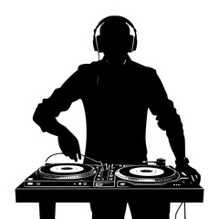 DJ playing music on turntable with headphones – party silhouette concept