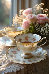 Fototapeta premium Vintage Tea Elegance – Gold-Trimmed Teacups on Lace Tablecloth