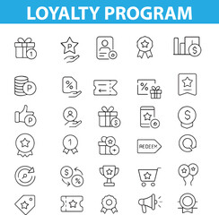 Loyalty Program Line Icons , Gift, Star, Points Card, Badge, Discount, Wallet, Rewards, and More , Editable Formats: AI, EPS, JPG, PNG, and Ideal for Both Digital and Print Use