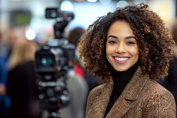 Smiling woman with curly hair stands beside a camera, suggesting a media or event setting. Concept of media, event, happiness. For professional networking.