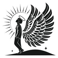 elegant angel silhouette under heavenly glow wings vector