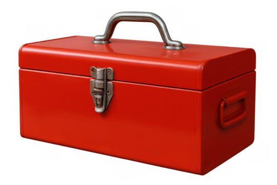 Professional red metal toolbox latching closed, positioned against transparent backdrop