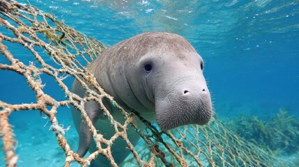 Fototapeta premium A manatee is entangled in a net underwater, its face close to the camera looking concerned.