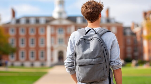 A student with a backpack faces a university building, back view of student standing on campus, looking at university building.