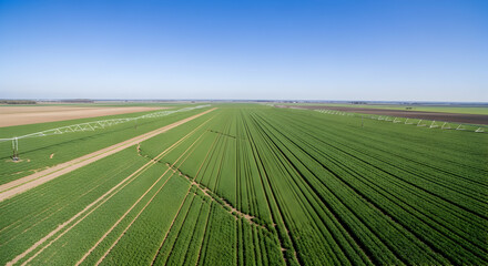 Aerial Perspective Capturing Verdant Agricultural Land And Irrigation System Under Blue Sky