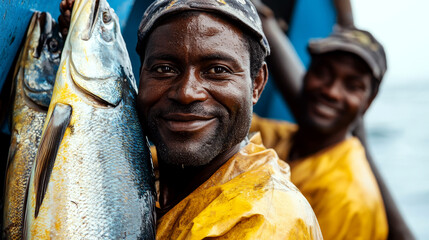 Fishermen in yellow attire hold large fish on a boat, smiling happily. Concept of livelihood, fishing, joy. For seafood and fishing industry photos.