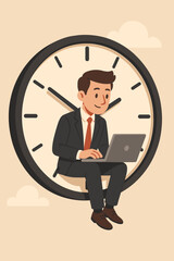 Businessman working on laptop sitting inside large clock, time management concept, productivity, multitasking, deadline, efficiency, office work, vector illustration, business success metaphor