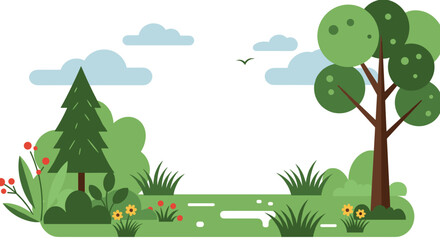 Obraz premium Nature landscape with green trees, flowers, and blue sky in spring Suitable for environmental campaigns, street events or health promotions