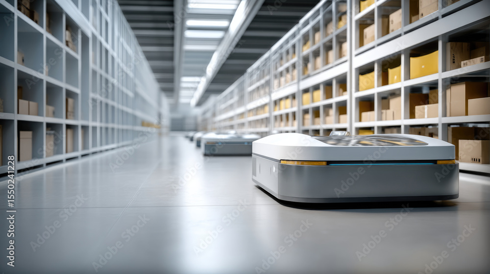 Poster autonomous robot warehouse logistics storage technology automation modern efficient clean organized 