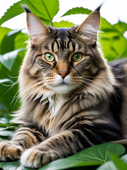Large Maine Coon cat reclines on hemp leaves CBD oil serves as a sedative and pain relief in veterinary care
