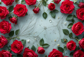 Natural fresh red roses flowers pattern wallpaper. top view, Red rose flower wall background