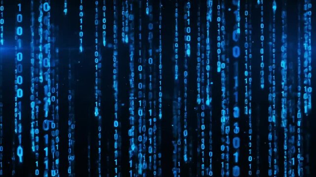 A digital rain of blue binary code falling down on a dark background with light flares on the sides