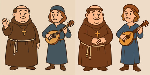 Illustration of Friendly Monks Playing Instruments in Historical Attire