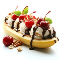 Delicious Banana Split Dessert Creamy Ice Cream Chocolate Sauce Cherries and Nuts