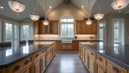Modern Wood Kitchen &ndash; Pendant Lights Over Spacious Island Design