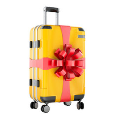 Gift of travel, concept. Travel suitcase with red ribbon and large bow, 3D rendering isolated on transparent background