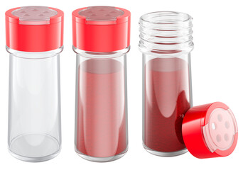 Spice jars with red paprika or chili powder screw caps. One empty and two filled, kitchen seasoning containers. 3D rendering isolated on transparent background