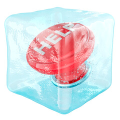 Red help button frozen inside ice cube, Frozen assistance and inaccessible support. 3D rendering isolated on transparent background
