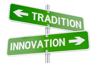 Tradition or innovation, road signs, 3D rendering isolated on transparent background