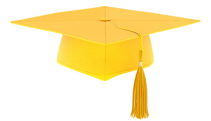 Yellow academic graduation cap for social and natural sciences, library science, information management and agriculture. 3D rendering isolated on transparent background