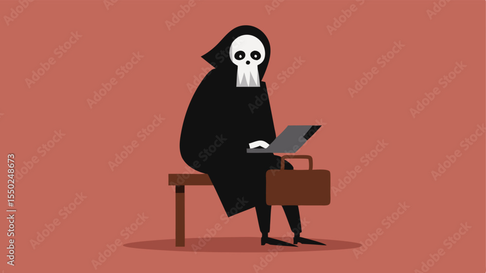Aufkleber briefcase details the grim reaper holds a sleek black briefcase on his lap while one skeletal hand n
