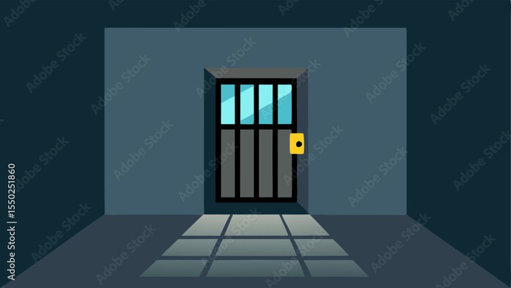 Poster cell door view a perspective view from inside a cell showing the solid metal door and a small barred