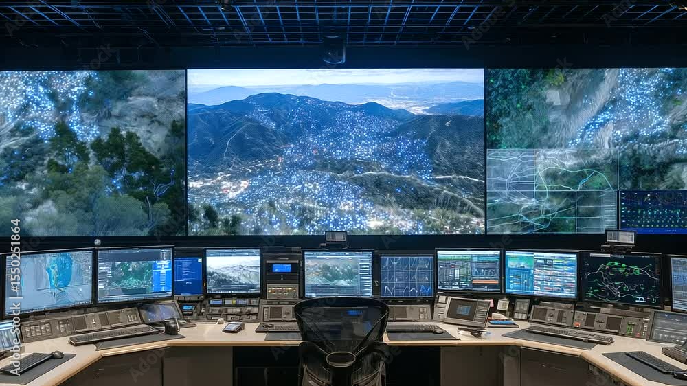 Aufkleber highly coordinated emergency response room, filled with glowing control panels and digital screens s