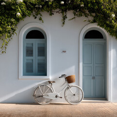 Fototapeta premium White house with blue door, arched window, vintage bicycle, green vine, peaceful summer day