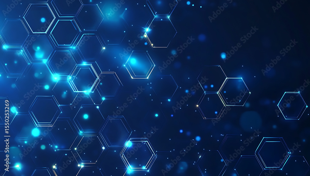 Aufkleber abstract blue background with glowing hexagonal shapes and particles