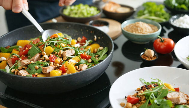 a mixed bowl or pan of healthy fresh vegetables, spices and chicken prepared fresh and then plated